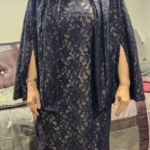 Elegant Tadashi Shoji Navy Lace Dress with Cape